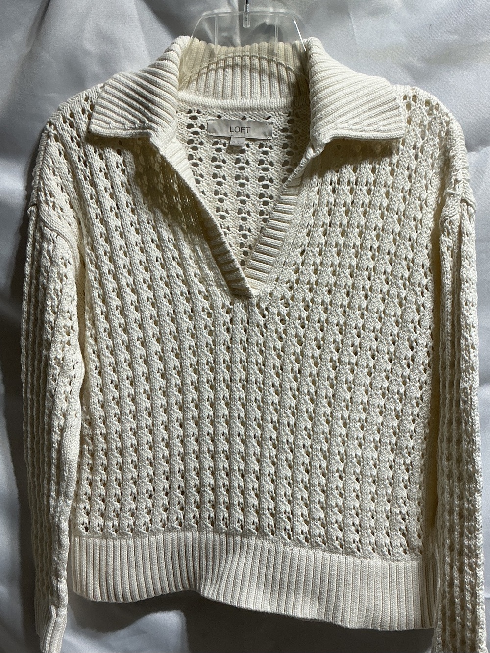 LOFT XS Cream Open-Knit CROCHETED Collared V-Neck Sweater COTTON LONG SLEEVES